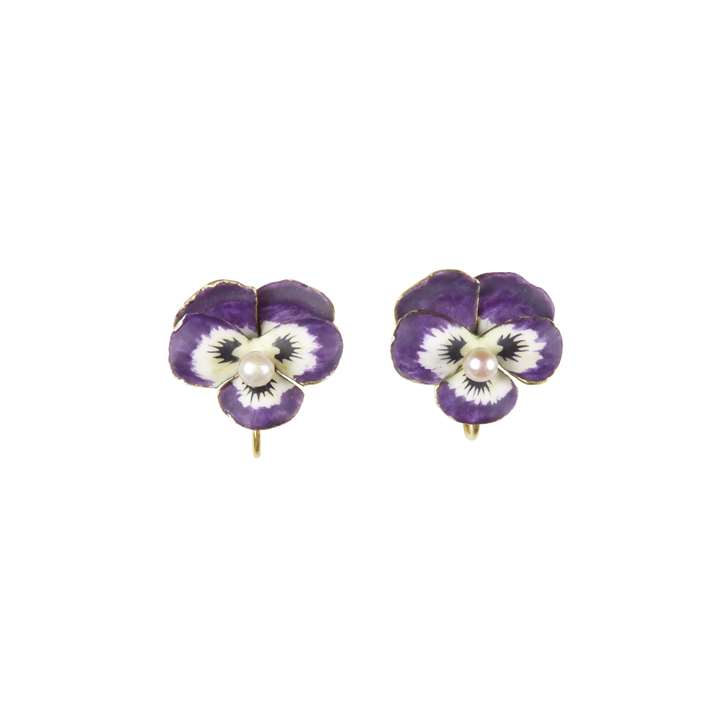 Pair of antique purple enamel and pearl pansy earrings
